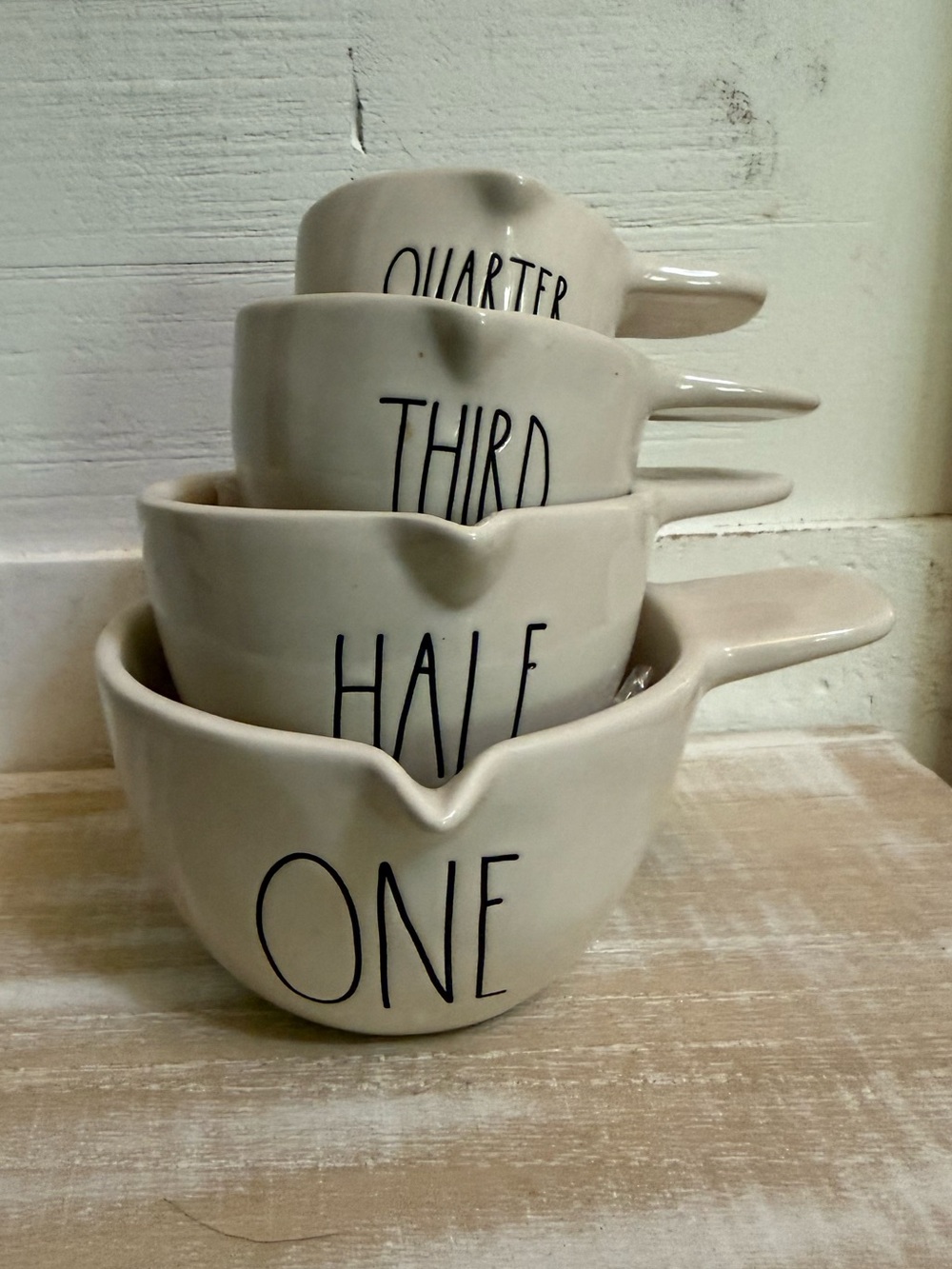 Rae Dunn stacked Ceramic Measuring Cups with 'ONE/HALF/THIRD/QUARTER' Labels